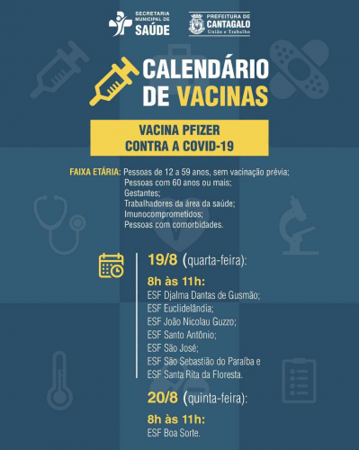 Cantagalo divulga calendário semanal da vacina Pfizer adulto contra Covid-19