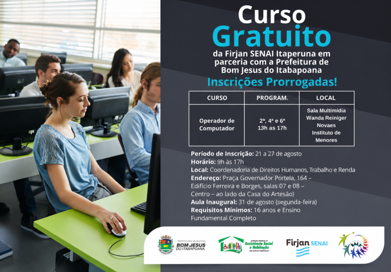 Bom Jesus do Itabapoana mantém inscrições para curso de Operador de Computador até 27 de agosto