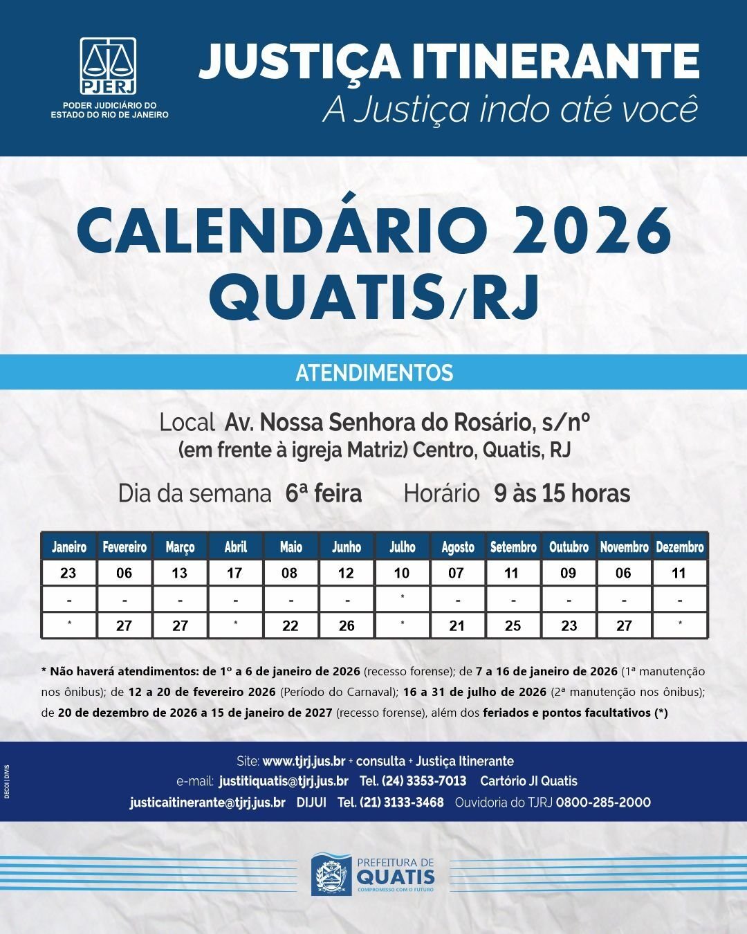 Quatis recebe Ônibus da Justiça Itinerante nesta sexta-feira