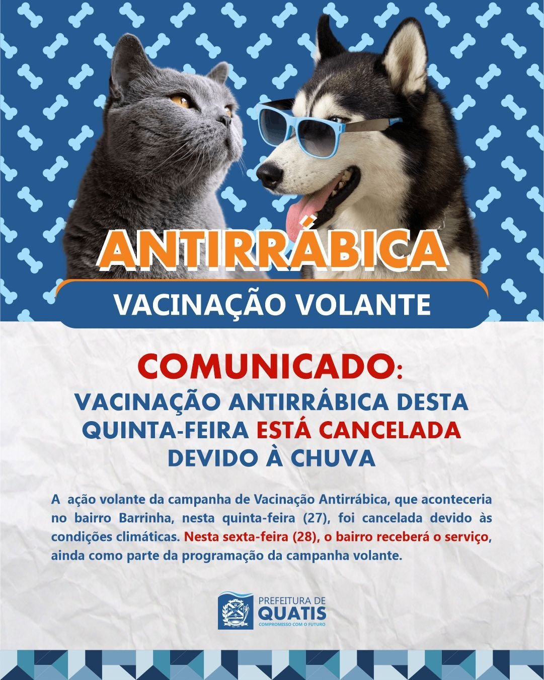Quatis cancela vacinação antirrábica no bairro Barrinha por causa da chuva