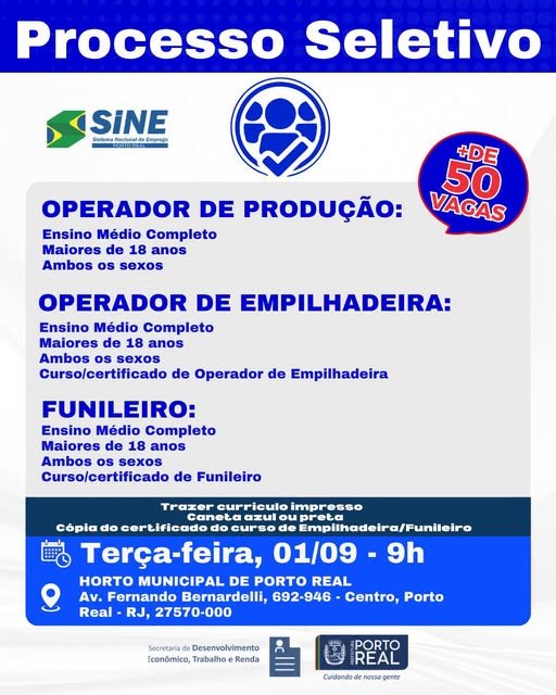 Sine de Porto Real tem processo seletivo com mais de 50 oportunidades