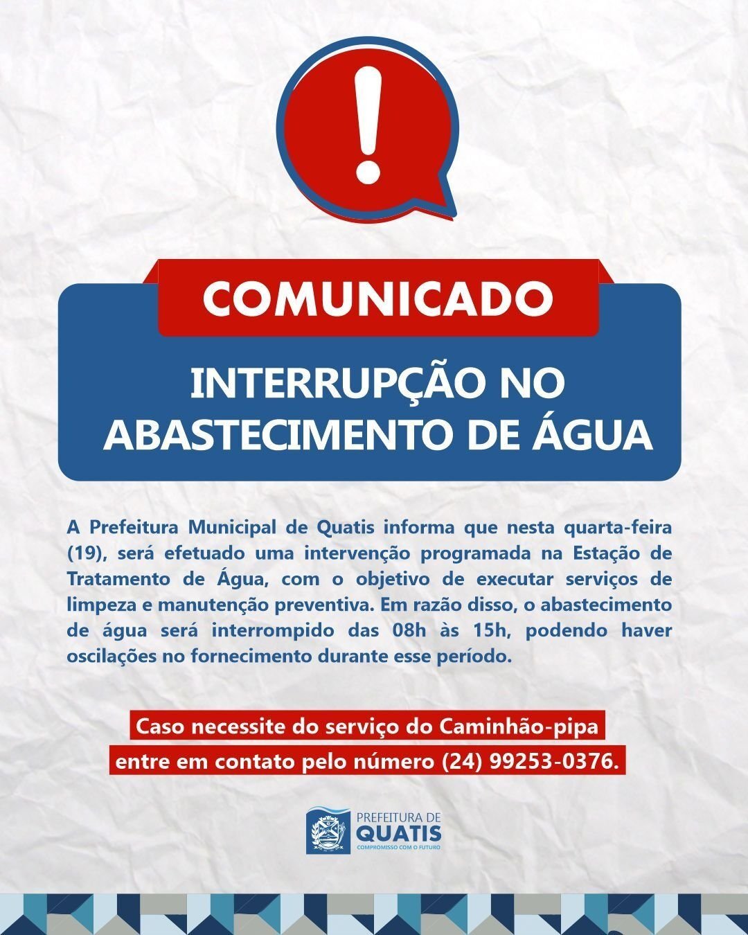 Quatis terá interrupção no abastecimento de água nesta quarta-feira