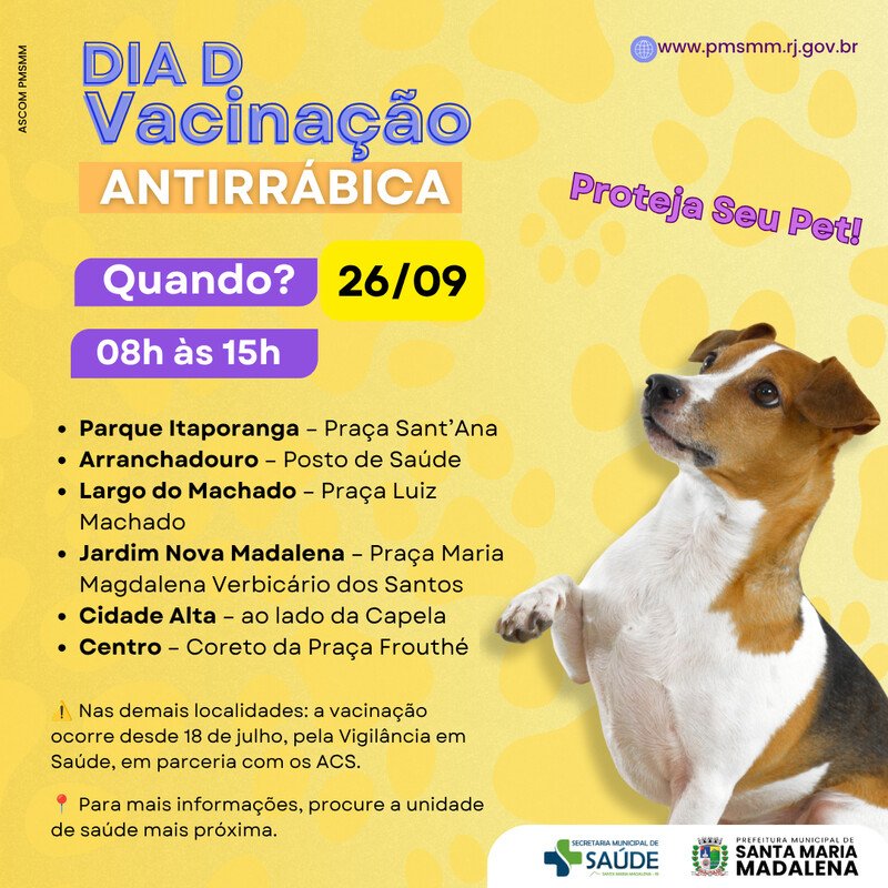 Santa Maria Madalena terá Dia D de vacinação antirrábica em 26 de setembro