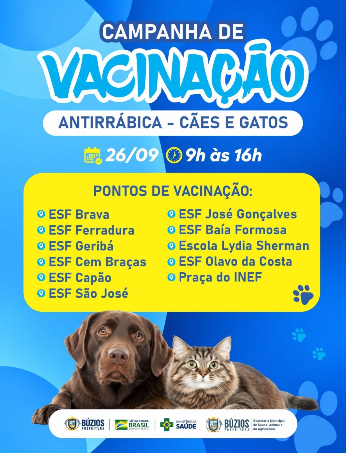 Búzios terá vacinação antirrábica para cães e gatos no sábado, dia 26