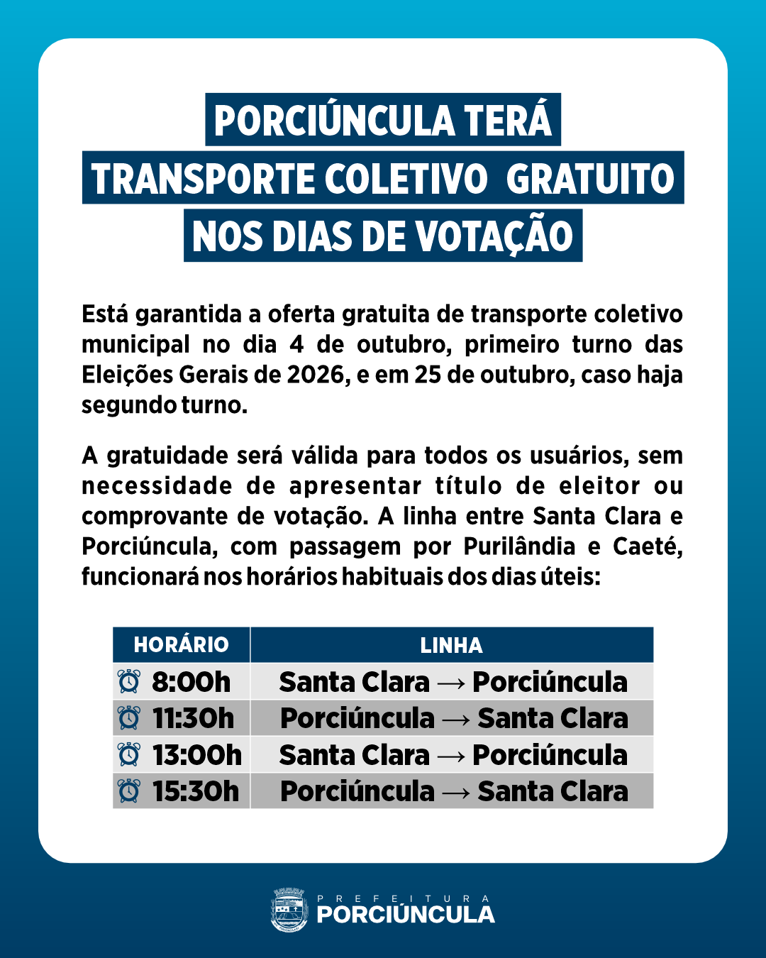 Porciúncula terá transporte gratuito nas eleições; confira os horários