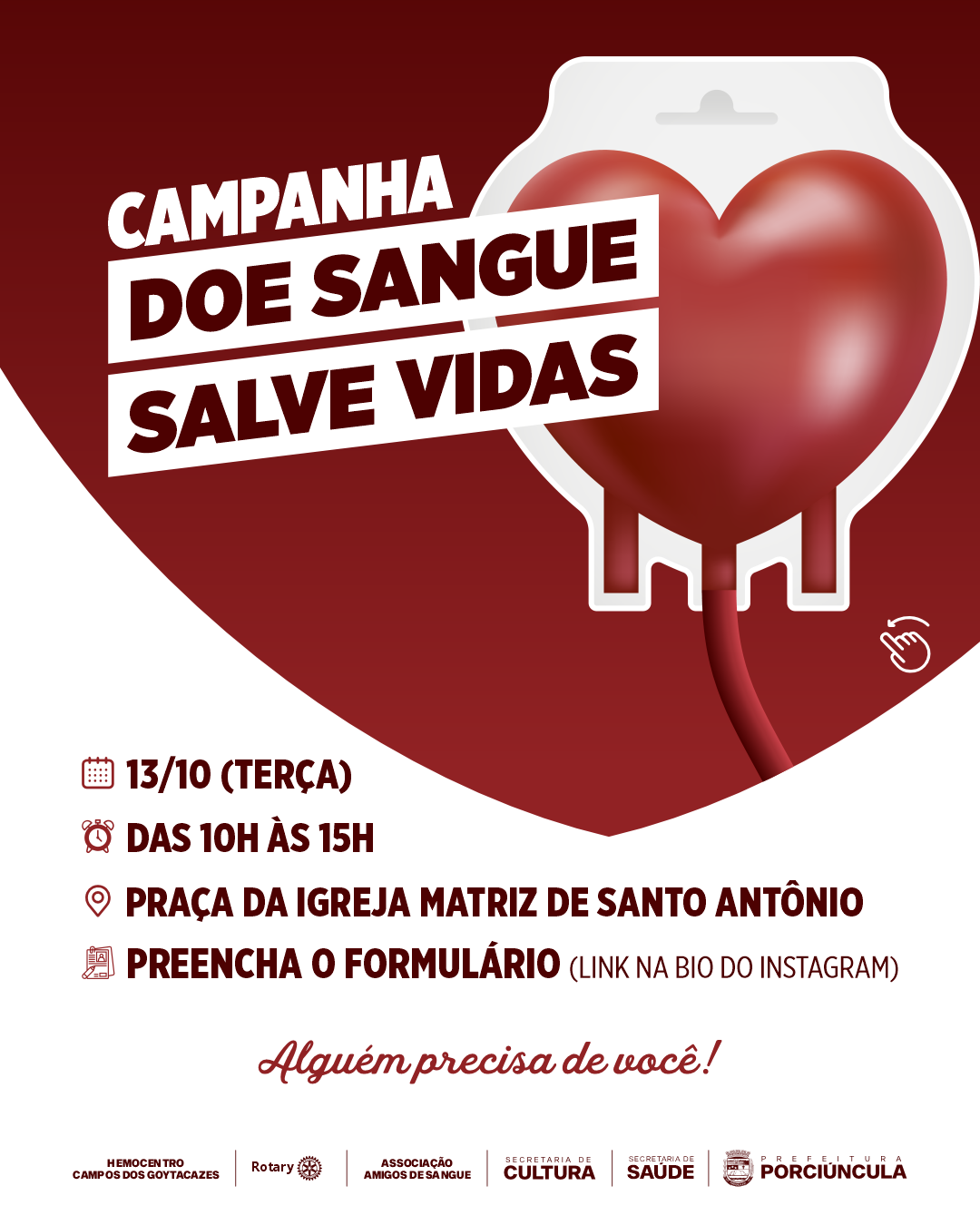 Porciúncula remarca campanha de doação de sangue para 13 de outubro