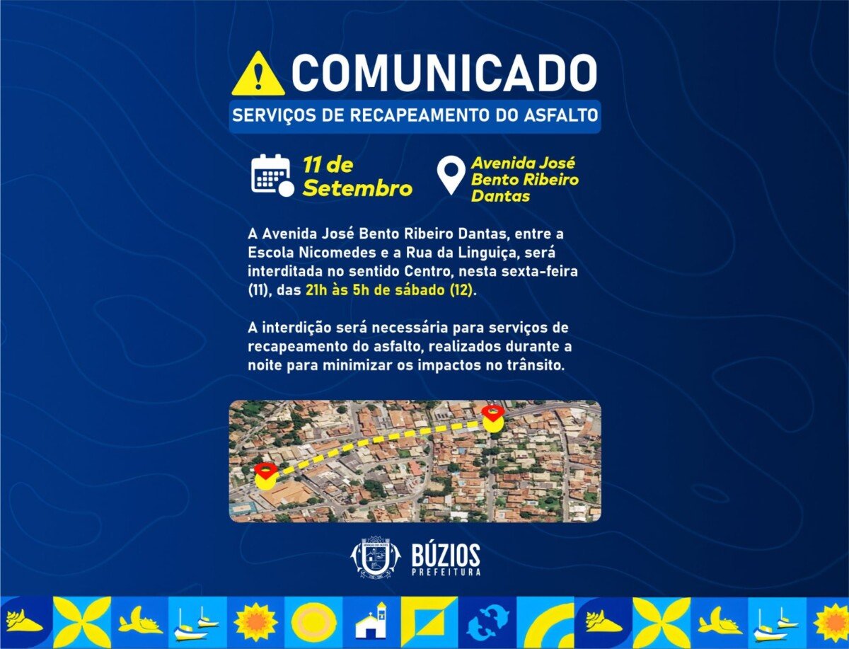 Búzios terá interdição noturna na Avenida José Bento Ribeiro Dantas para recapeamento