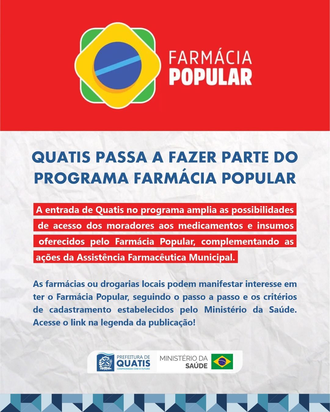 Quatis tem vaga para credenciamento de farmácia no Farmácia Popular