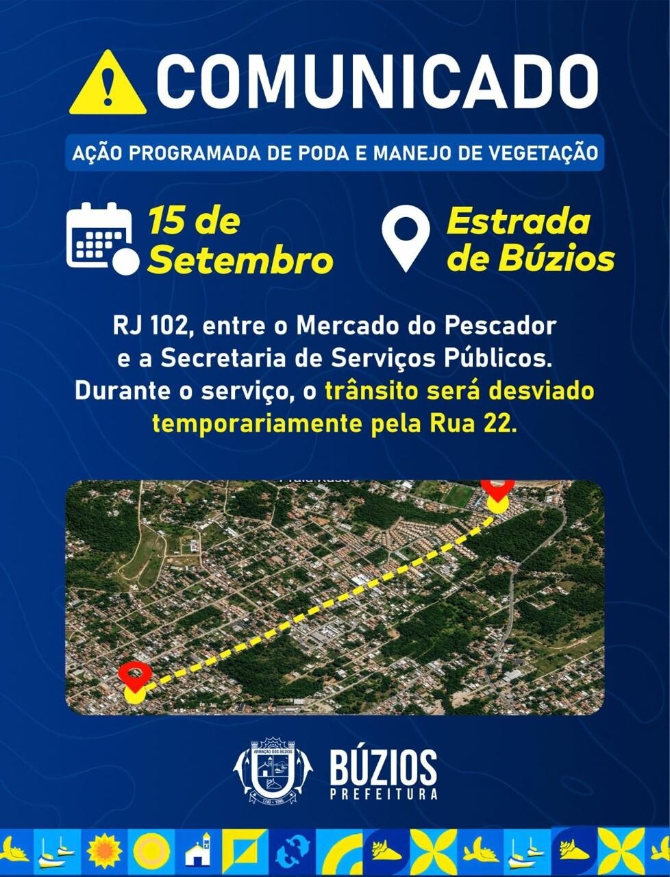 Búzios terá desvio na RJ-102 pela Rua 22 nesta terça-feira para poda de vegetação