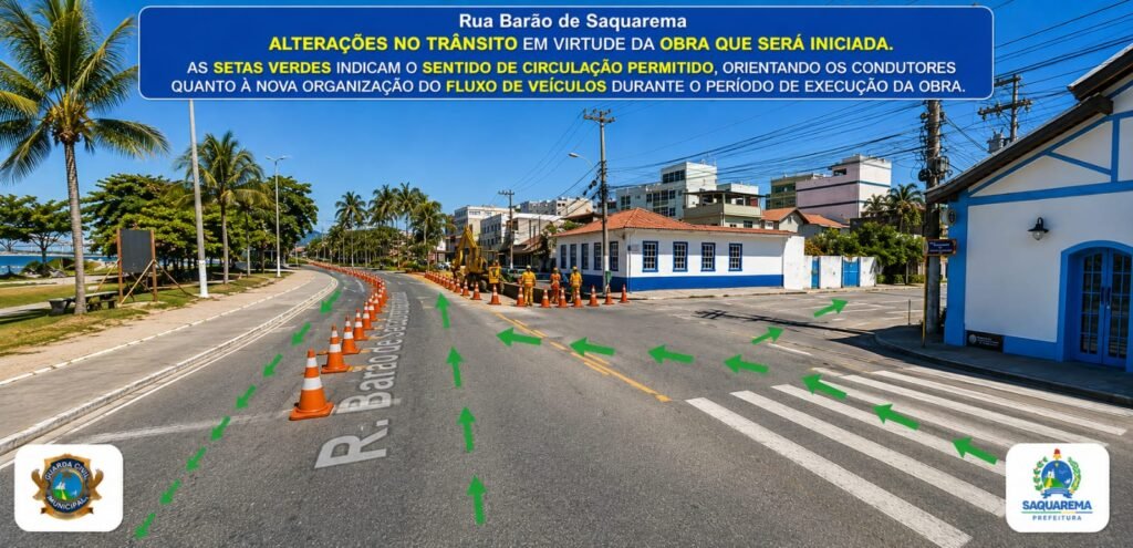Obra de rotatória muda trânsito e ponto de ônibus perto da Ponte de Saquarema