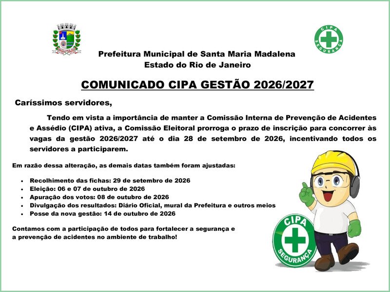 Santa Maria Madalena prorroga inscrições para a CIPA até 28 de setembro