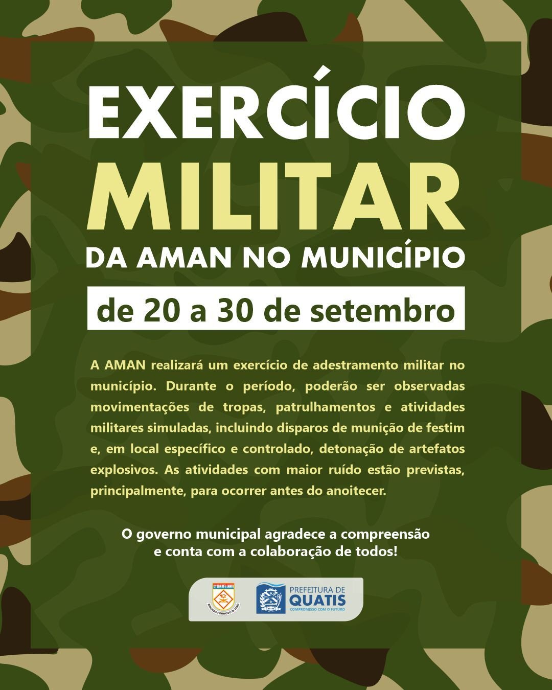 Quatis terá exercício militar da AMAN de 20 a 30 de setembro