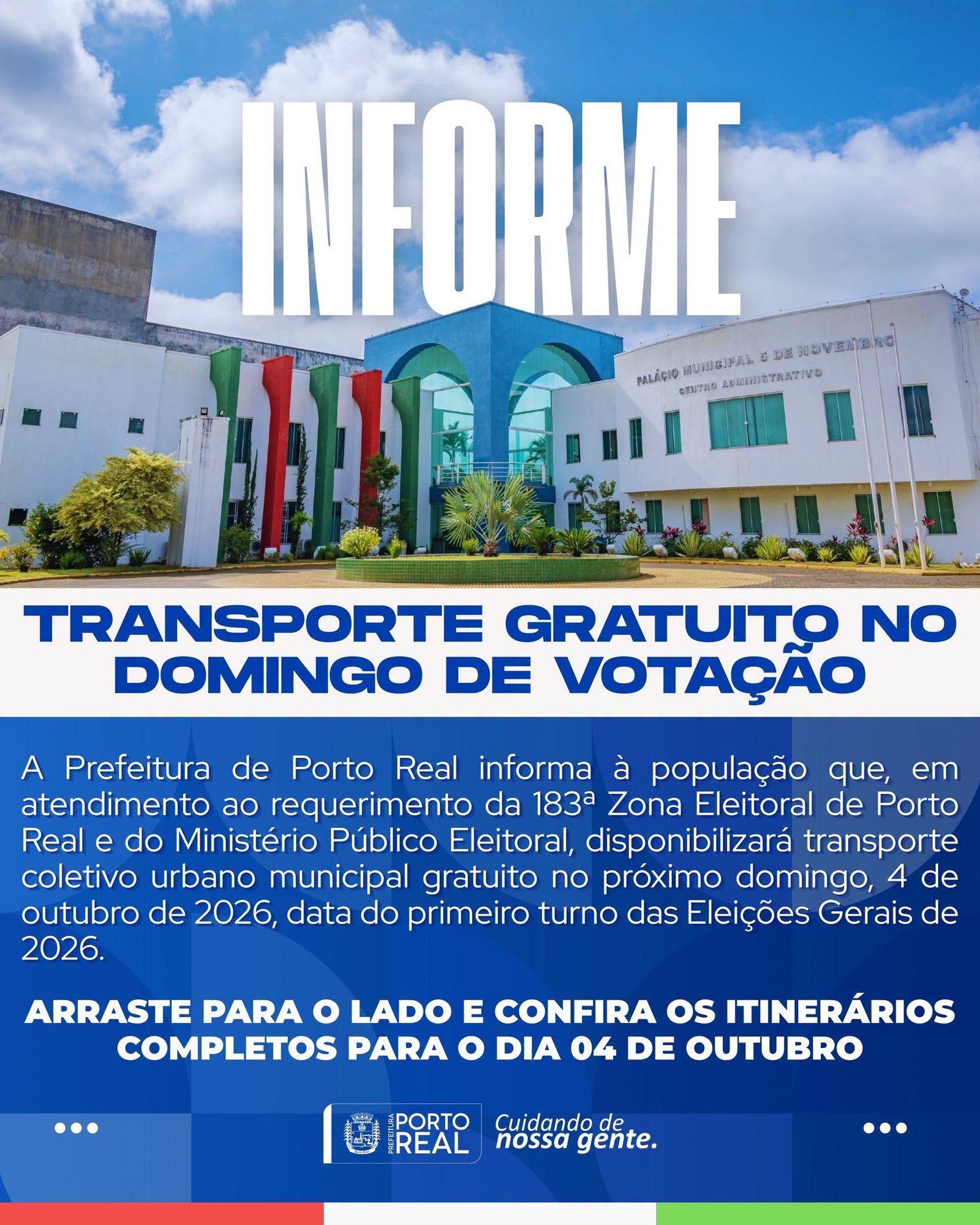 Porto Real terá transporte gratuito no domingo de votação; confira os horários