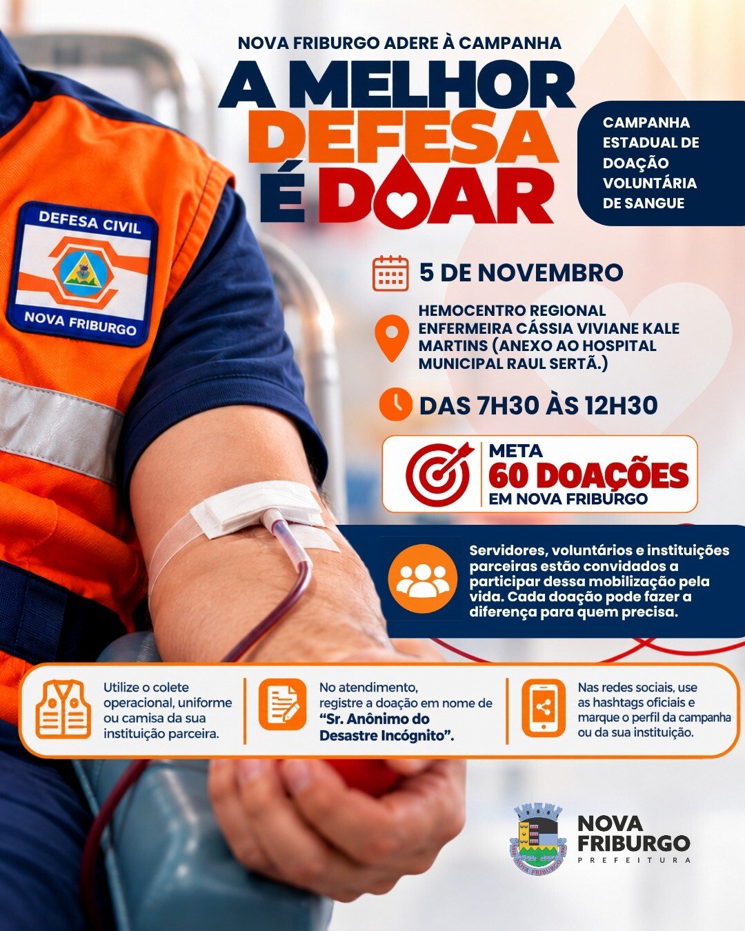Nova Friburgo terá campanha de doação de sangue em 5 de novembro, com meta de 60 doações
